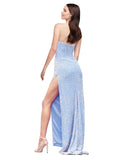 RightBrides Eira Sky Blue Sexy and Sleek Long Sheath Strapless Sweetheart V-Neck Sweep Train Sleeveless Velvet Sequin Prom Dress with Low Open Back