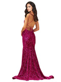 RightBrides Peggy Dark Fuchsia Sexy and Sleek Long Scoop Neck Sweep Train Sleeveless Velvet Sequin Prom Dress with Criss Cross Low Open Back