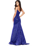 RightBrides Romy Royal Blue Sexy and Sleek Long Sheath Sweetheart Spaghetti Straps Sweep Train Sleeveless Velvet Sequin Prom Dress with Criss Cross Low Open Back