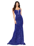 RightBrides Romy Royal Blue Sexy and Sleek Long Sheath Sweetheart Spaghetti Straps Sweep Train Sleeveless Velvet Sequin Prom Dress with Criss Cross Low Open Back