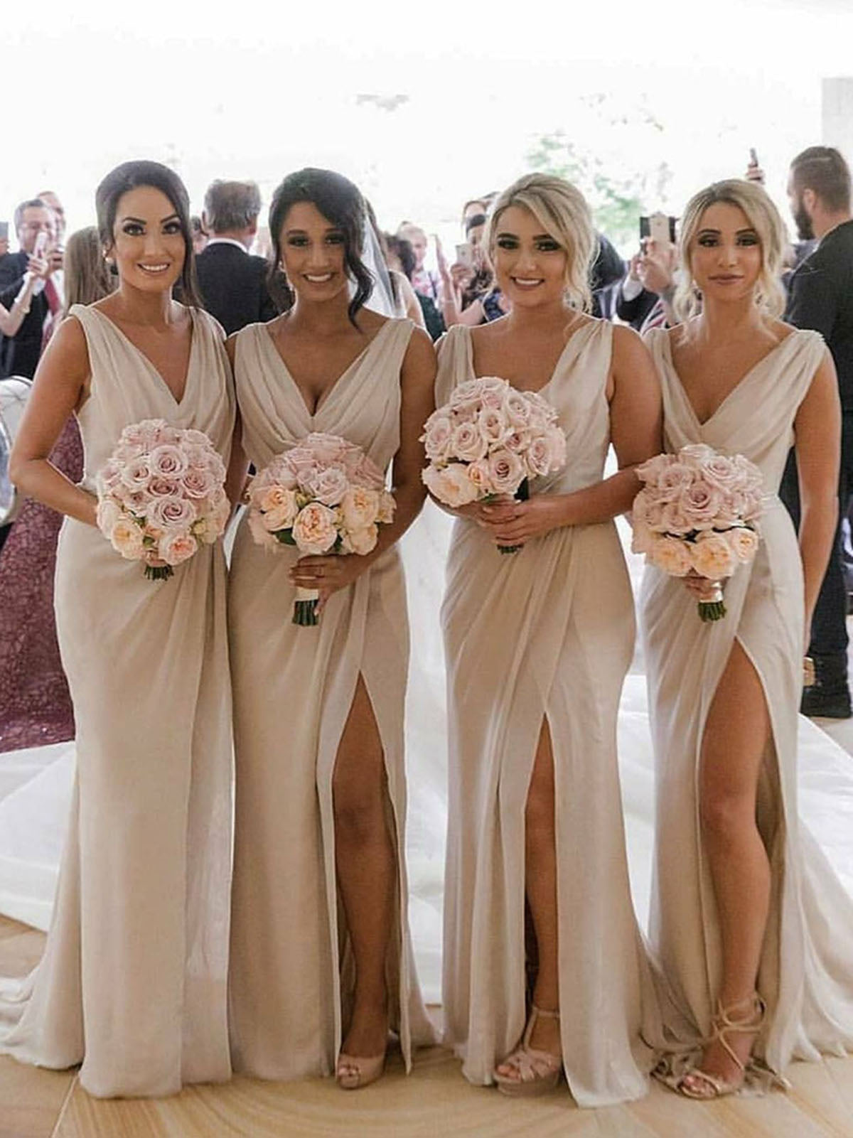 RightBrides Esther Bridesmaid Dress in Champagne with Sexy High Slit and Elegant Front Ruffles