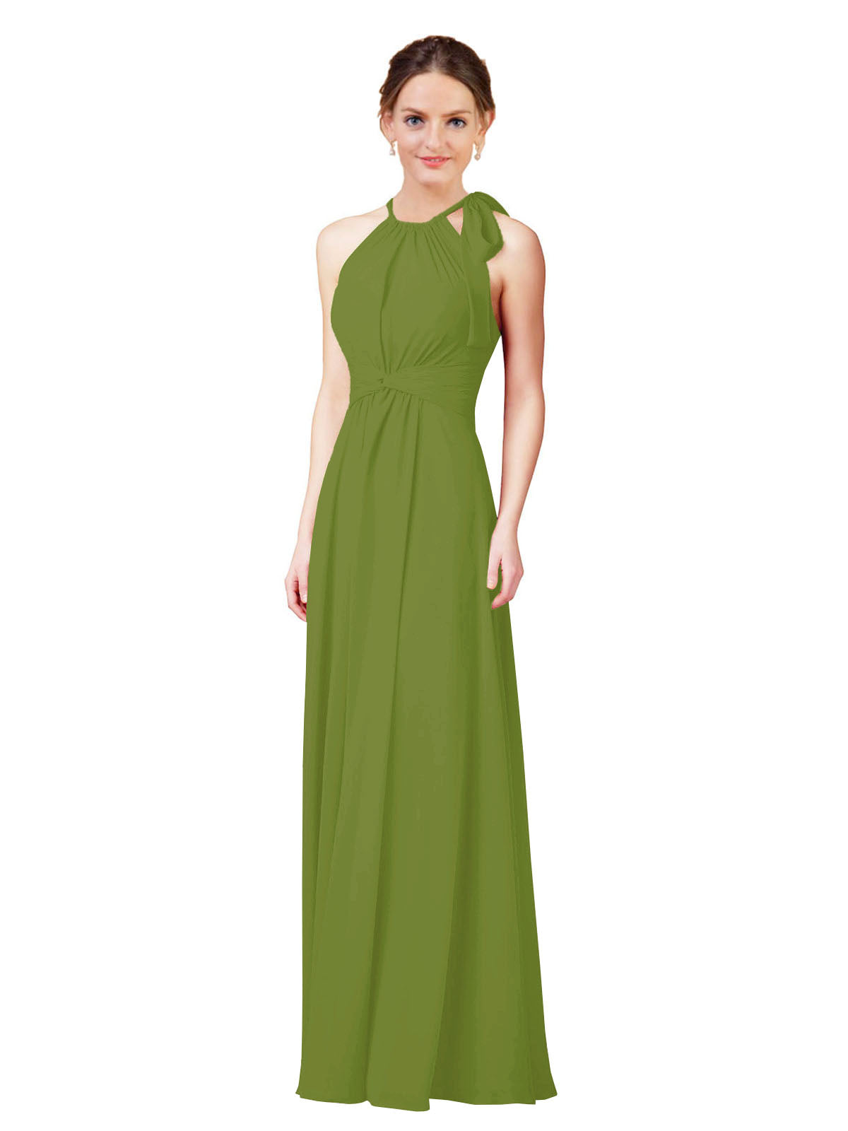 Olive Green Halter Sleeveless Long Bridesmaid Dress Alejandra