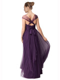 Long A-Line Sweetheart Floor Length Cap Sleeves Plum Tulle Bridesmaid Dress Julieta