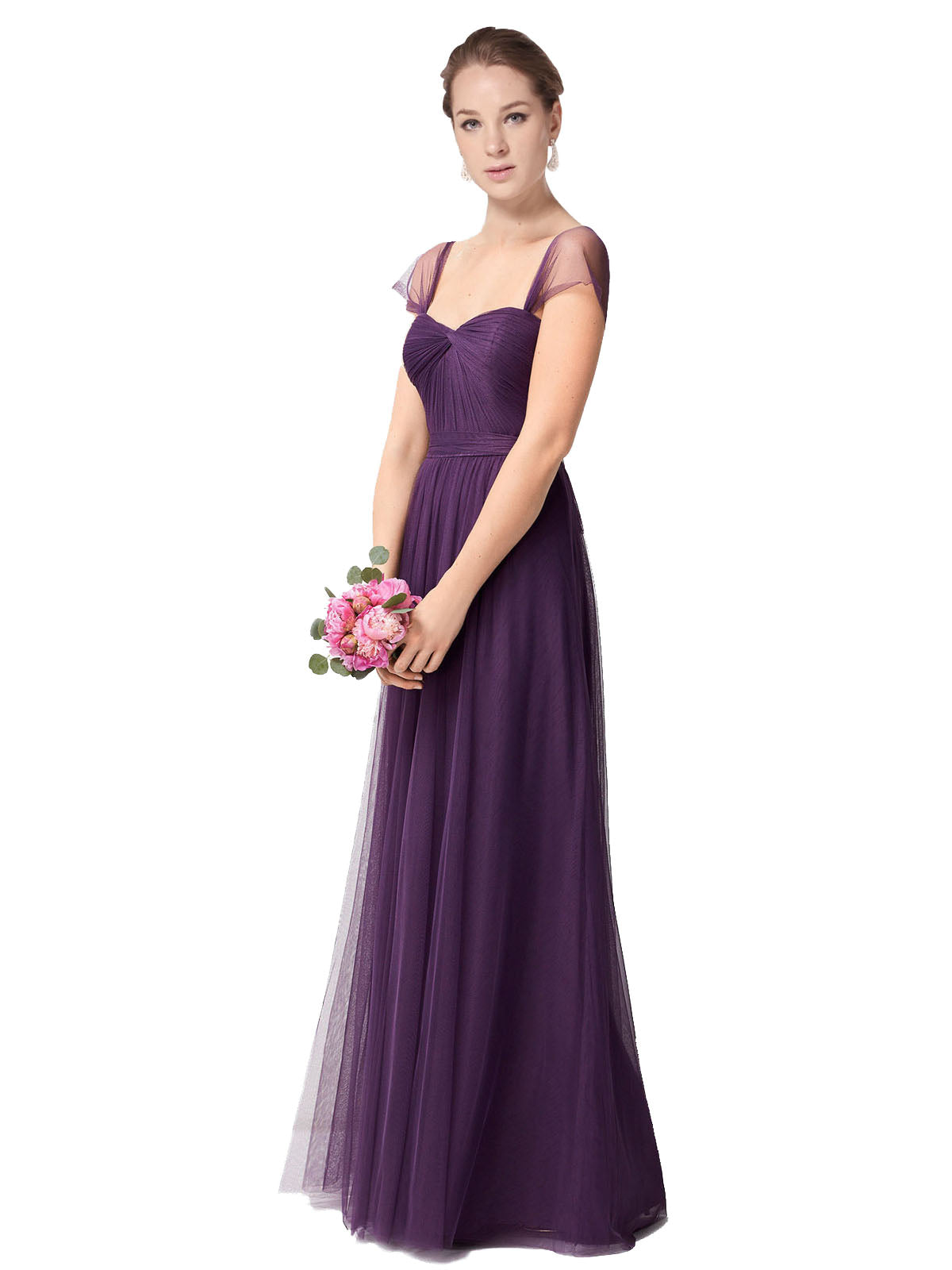 Long A-Line Sweetheart Floor Length Cap Sleeves Plum Tulle Bridesmaid Dress Julieta