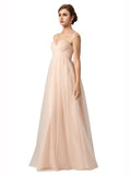 Long A-Line Spaghetti Straps Sleeveless Tulle Nude Bridesmaid Dress Kailani