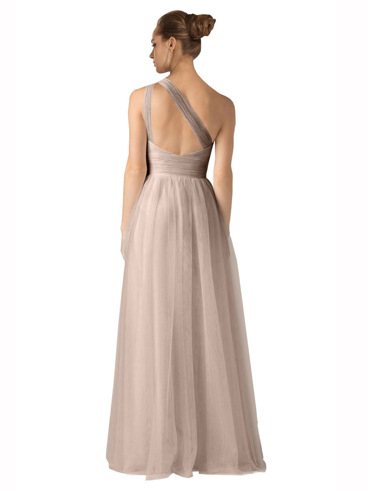 Long A-Line One Shoulder Sleeveless Tulle Nude Bridesmaid Dress Saige