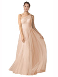 Long A-Line One Shoulder Sleeveless Tulle Nude Bridesmaid Dress Saige