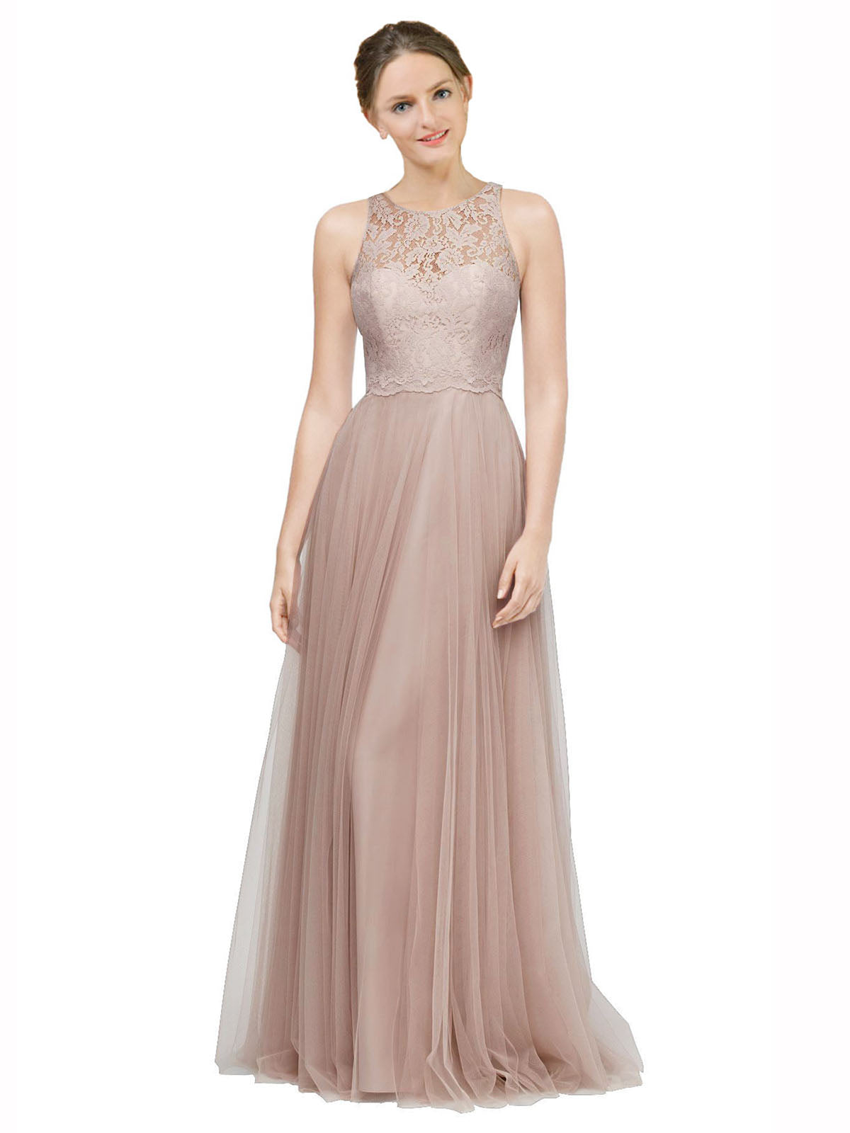 Long A-Line Illusion High Neck Sleeveless Blush Tulle Lace Bridesmaid Dress Alma
