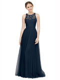 Long A-Line Illusion High Neck Sleeveless Dark Navy Tulle Lace Bridesmaid Dress Alma