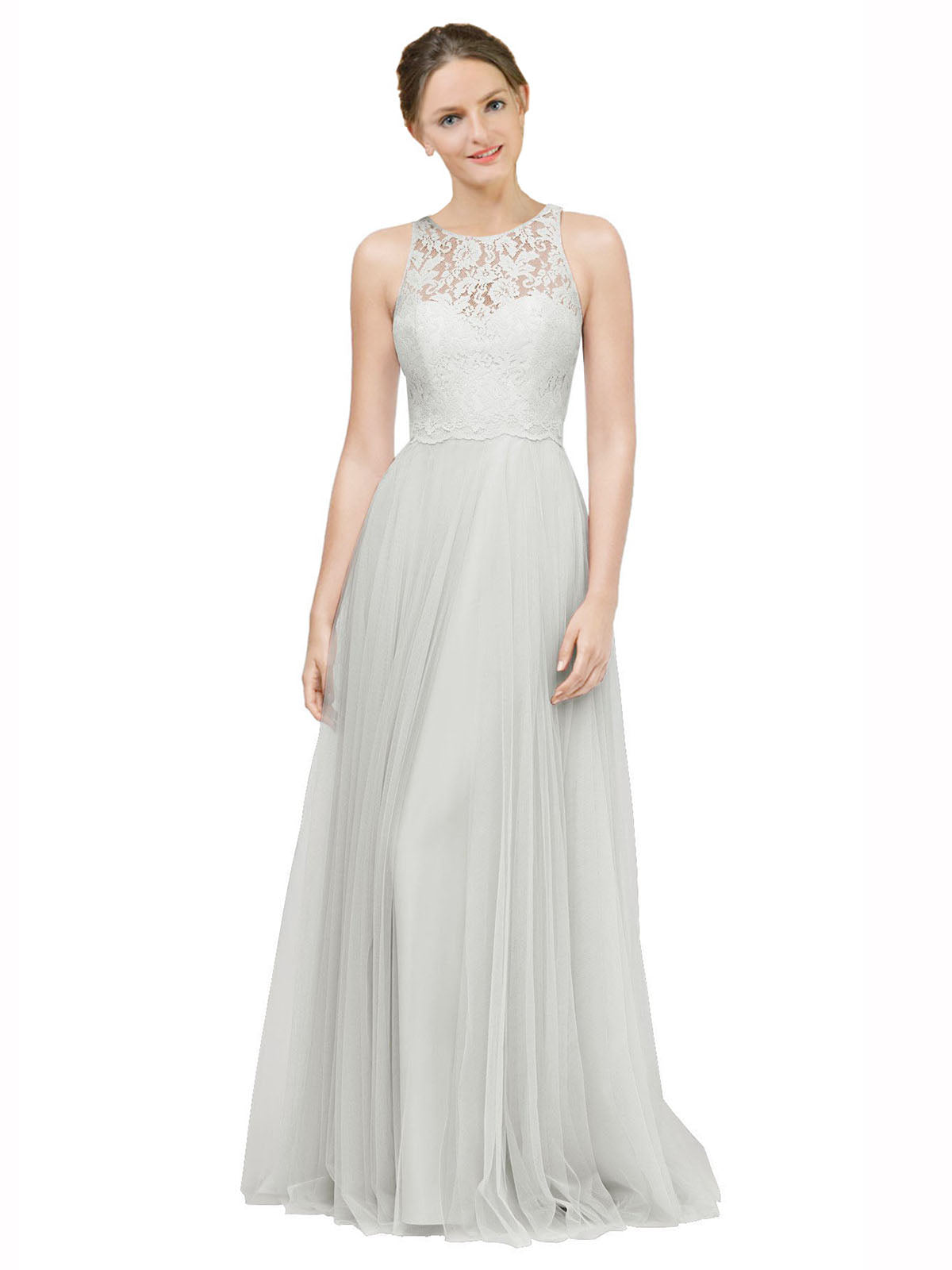 Long A-Line Illusion High Neck Sleeveless Ivory Tulle Lace Bridesmaid Dress Alma