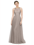 Long A-Line Illusion High Neck Sleeveless Latte Tulle Lace Bridesmaid Dress Alma