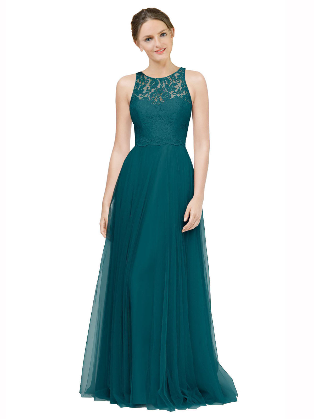 Long A-Line Illusion High Neck Sleeveless Turquoise Tulle Lace Bridesmaid Dress Alma