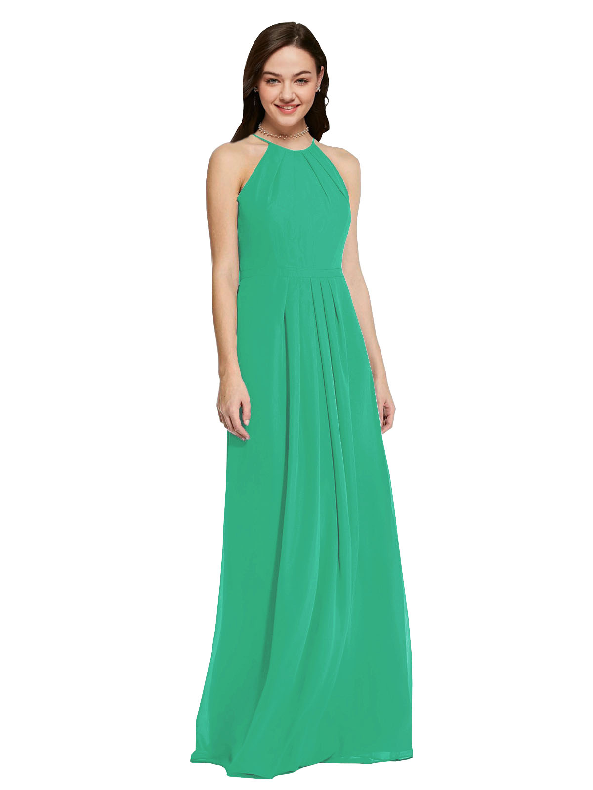 Long Sheath High Neck Halter Sleeveless Emerald Green Chiffon Bridesmaid Dress Koloti
