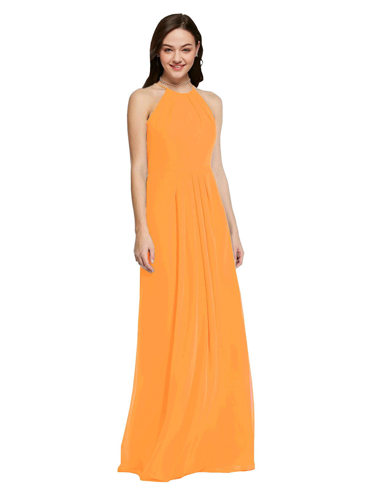 Long Sheath High Neck Halter Sleeveless Orange Chiffon Bridesmaid Dress Koloti