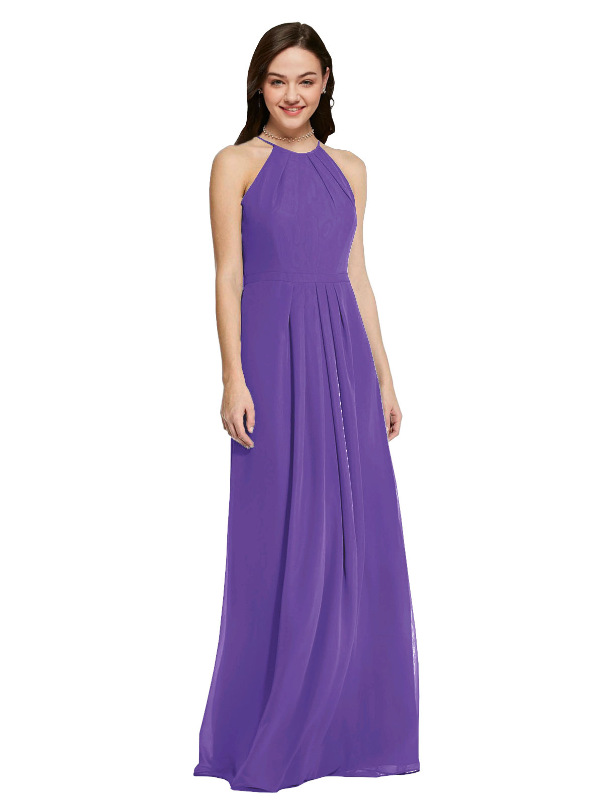 Long Sheath High Neck Halter Sleeveless Purple Chiffon Bridesmaid Dress Koloti