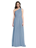 Long A-Line One Shoulder Sleeveless Dusty Blue Chiffon Bridesmaid Dress Orlando