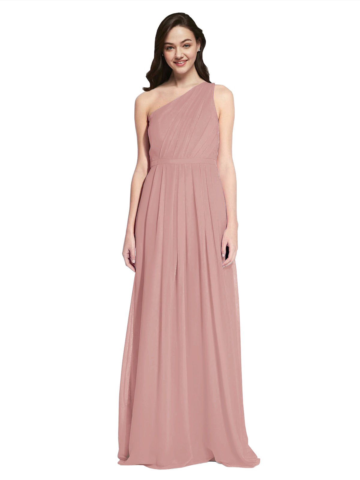 Long A-Line One Shoulder Sleeveless Dusty Pink Chiffon Bridesmaid Dress Orlando
