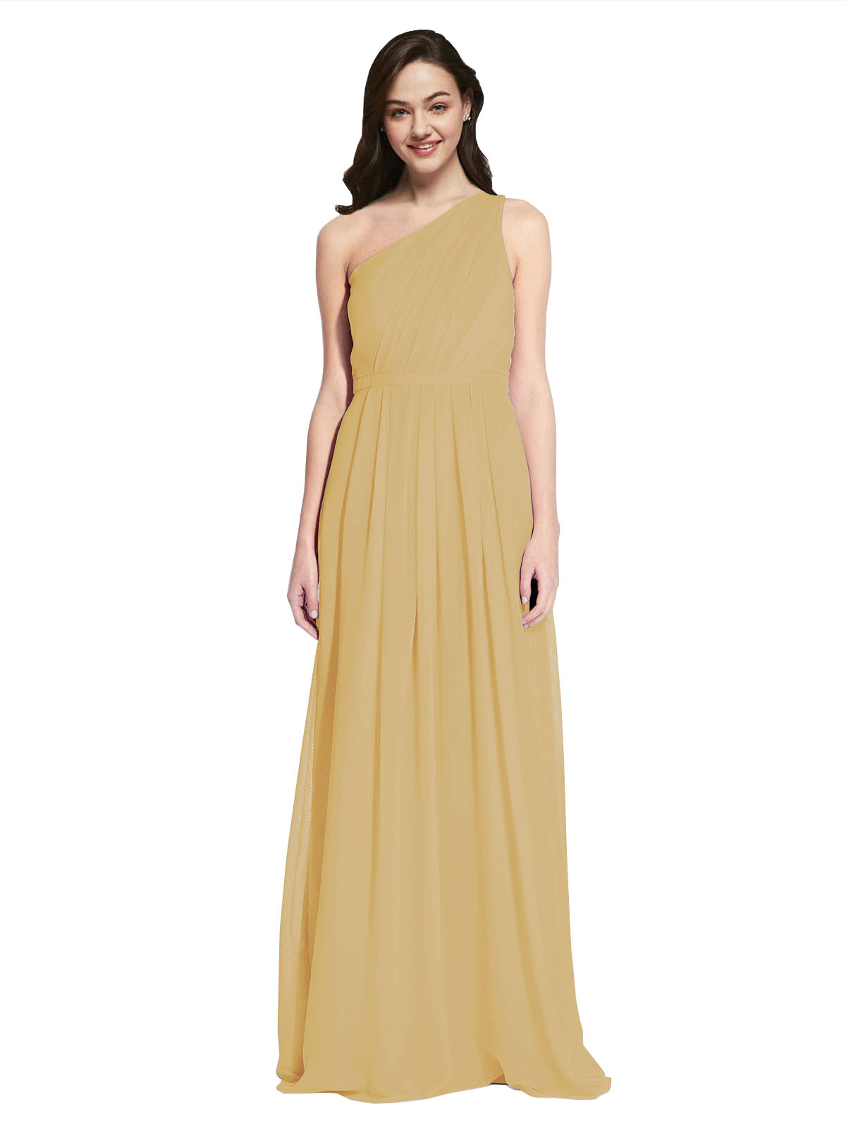 Long A-Line One Shoulder Sleeveless Gold Chiffon Bridesmaid Dress Orlando