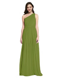 Long A-Line One Shoulder Sleeveless Olive Green Chiffon Bridesmaid Dress Orlando