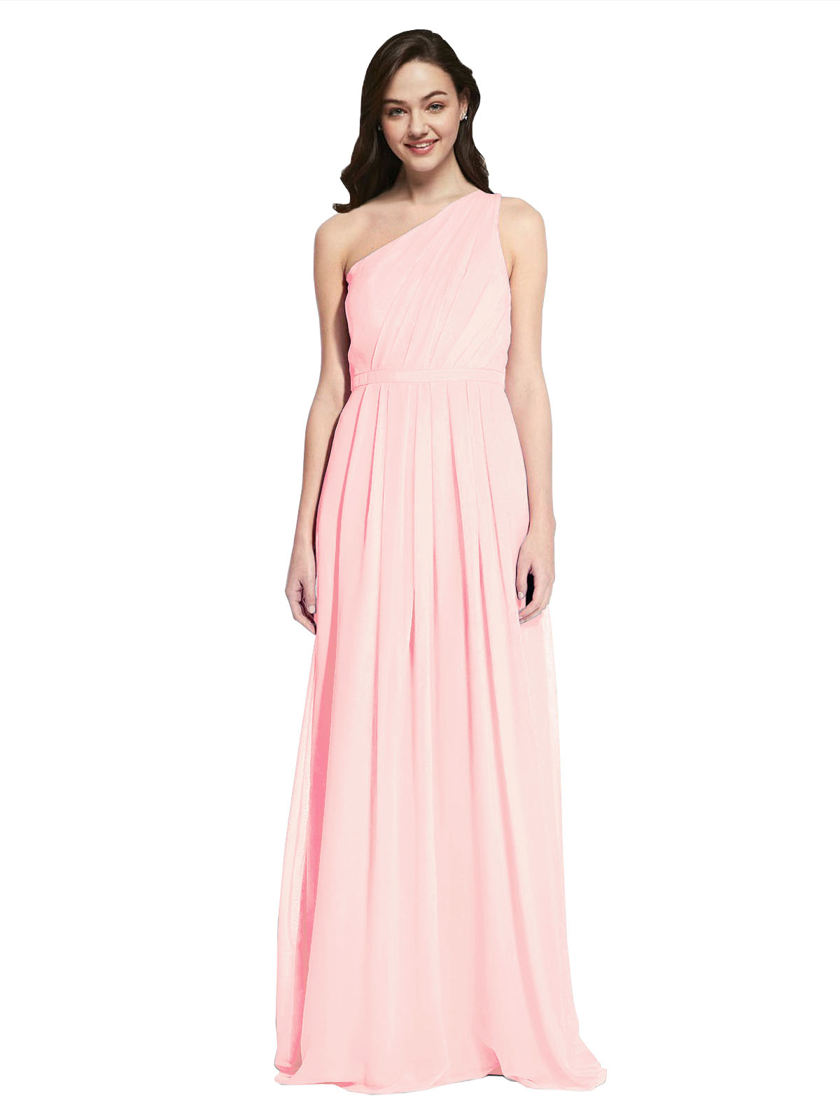 Long A-Line One Shoulder Sleeveless Pink Chiffon Bridesmaid Dress Orlando