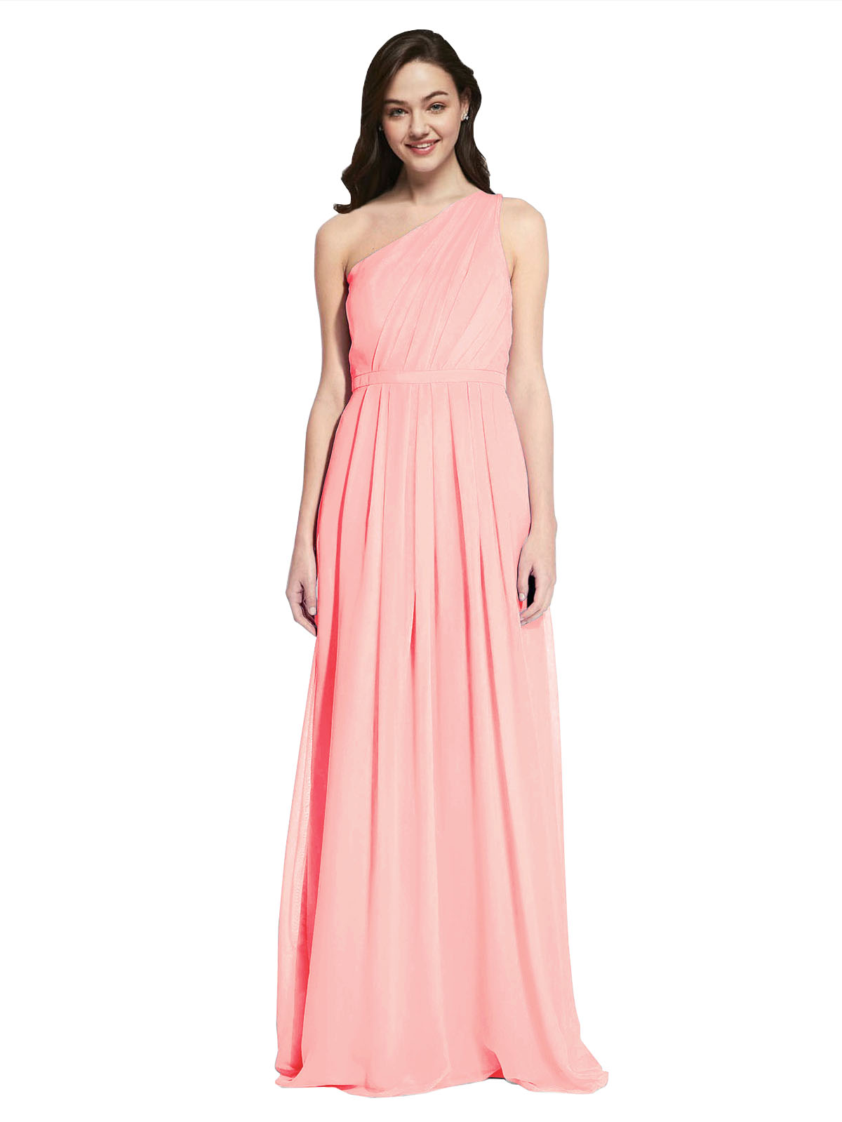 Long A-Line One Shoulder Sleeveless Salmon Chiffon Bridesmaid Dress Orlando