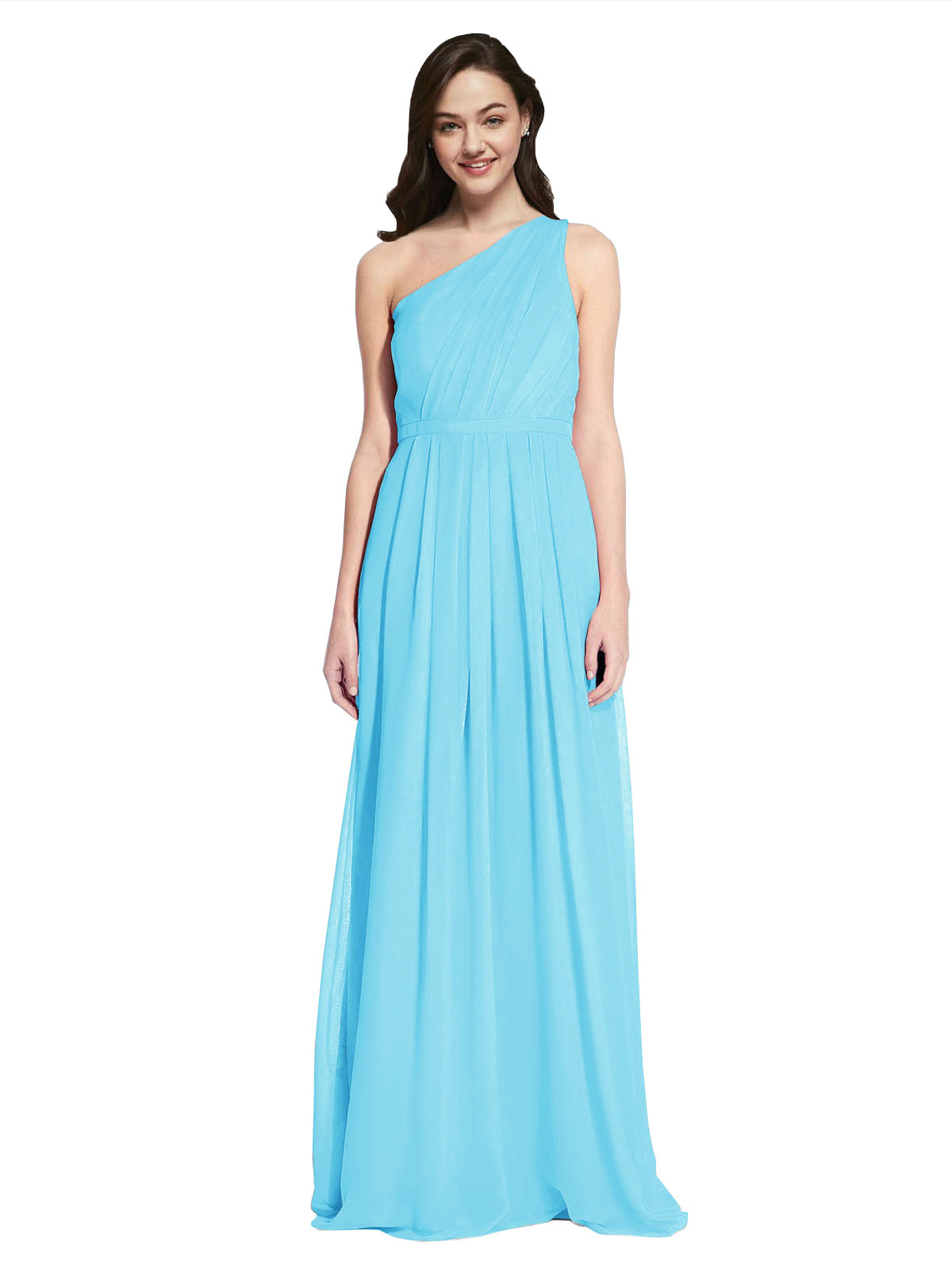 Long A-Line One Shoulder Sleeveless Sky Blue Chiffon Bridesmaid Dress Orlando