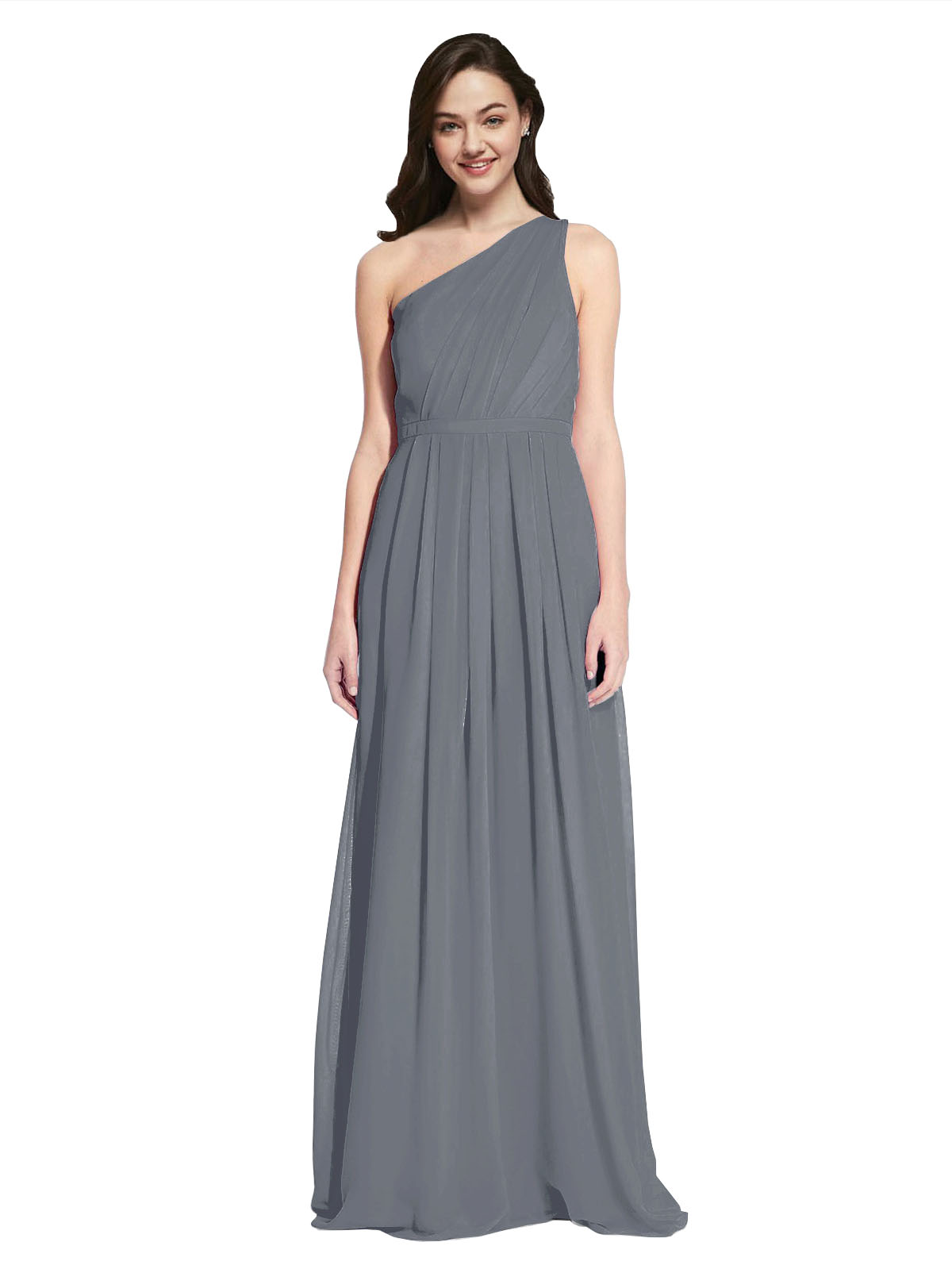 Long A-Line One Shoulder Sleeveless Slate Grey Chiffon Bridesmaid Dress Orlando