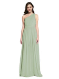 Long A-Line One Shoulder Sleeveless Smoke Green Chiffon Bridesmaid Dress Orlando