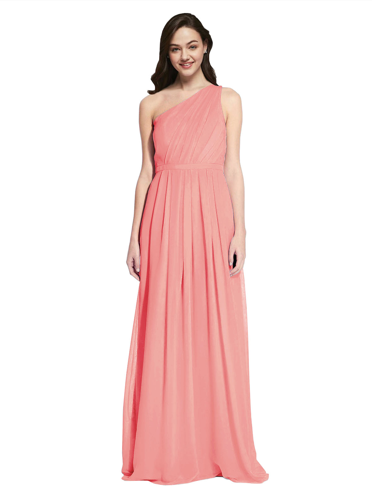 Long A-Line One Shoulder Sleeveless Watermelon Chiffon Bridesmaid Dress Orlando