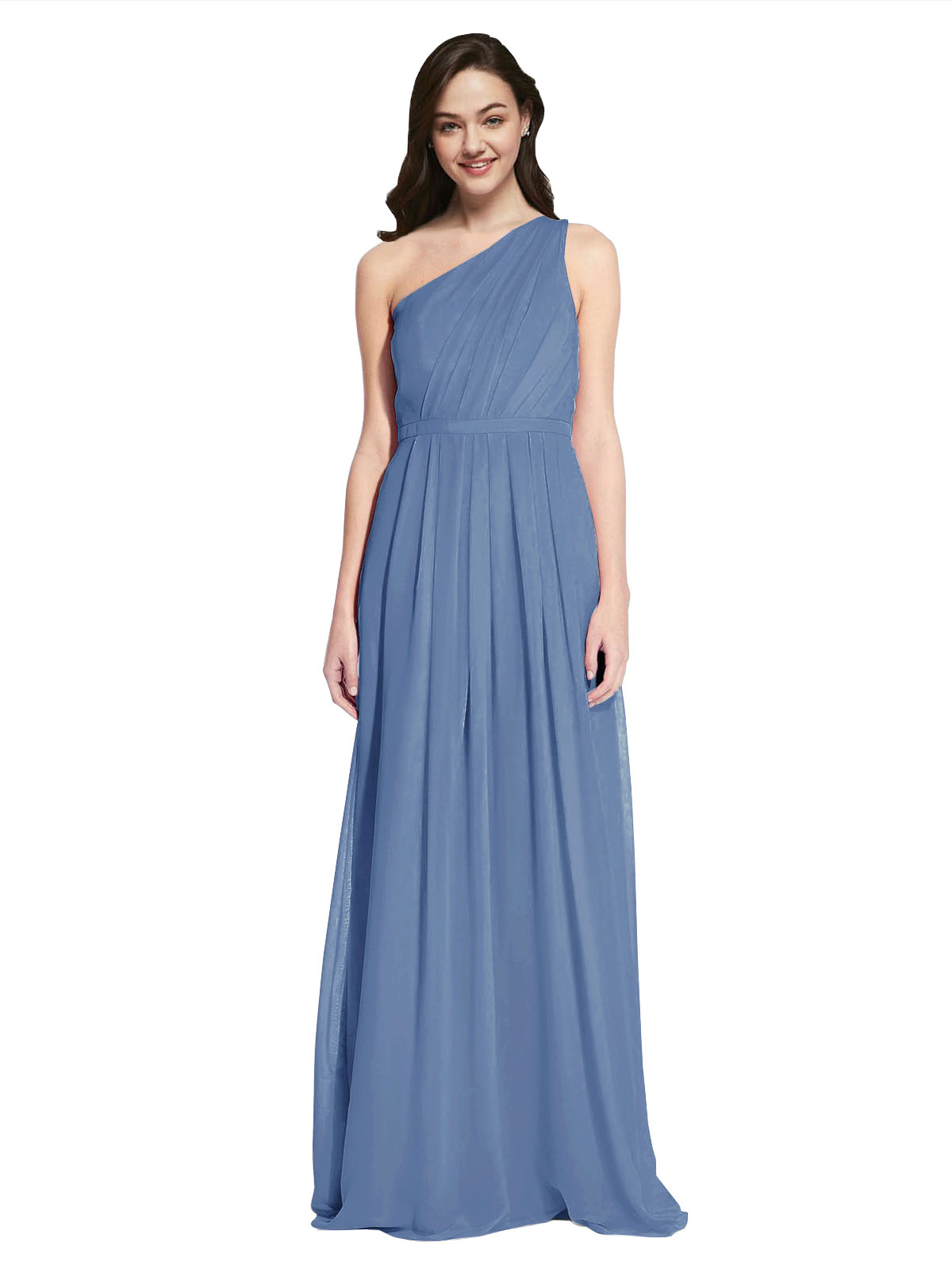 Long A-Line One Shoulder Sleeveless Windsor Blue Chiffon Bridesmaid Dress Orlando