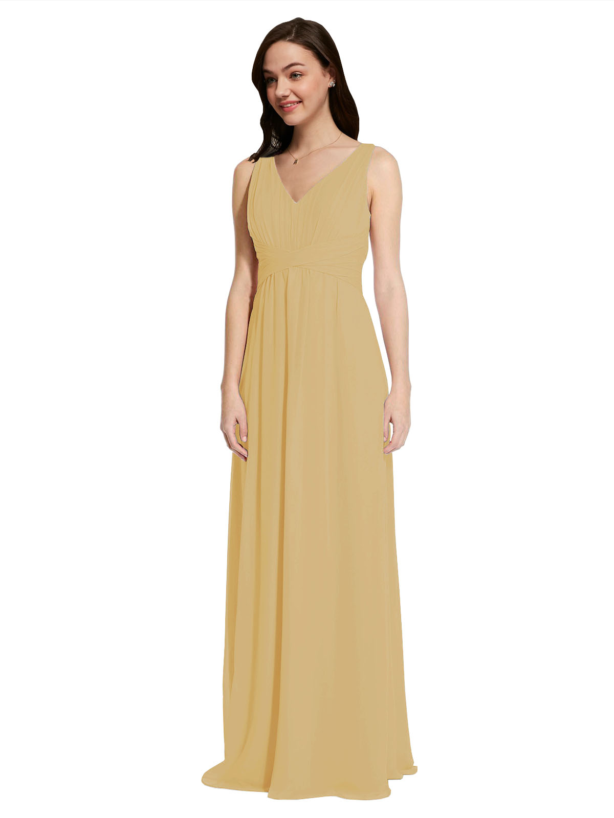Long A-Line V-Neck Sleeveless Gold Chiffon Bridesmaid Dress Auckland
