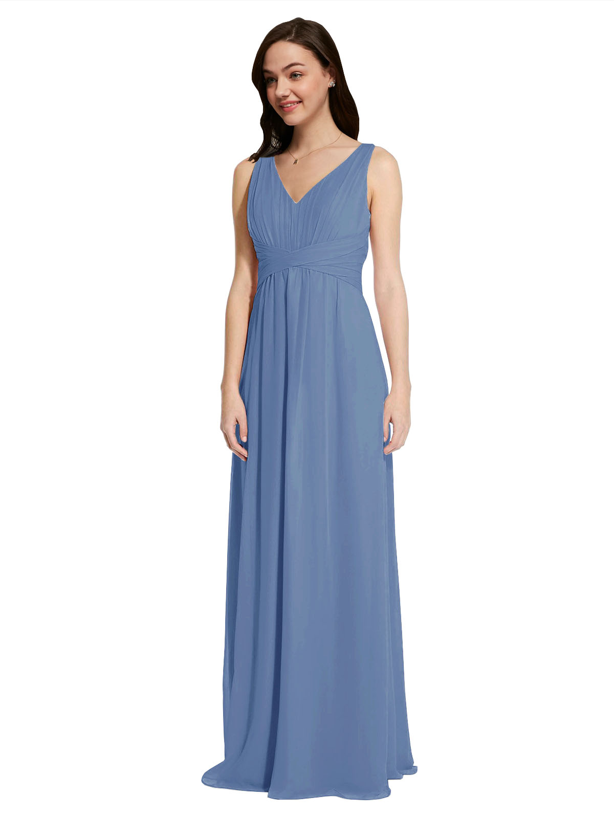 Long A-Line V-Neck Sleeveless Windsor Blue Chiffon Bridesmaid Dress Auckland
