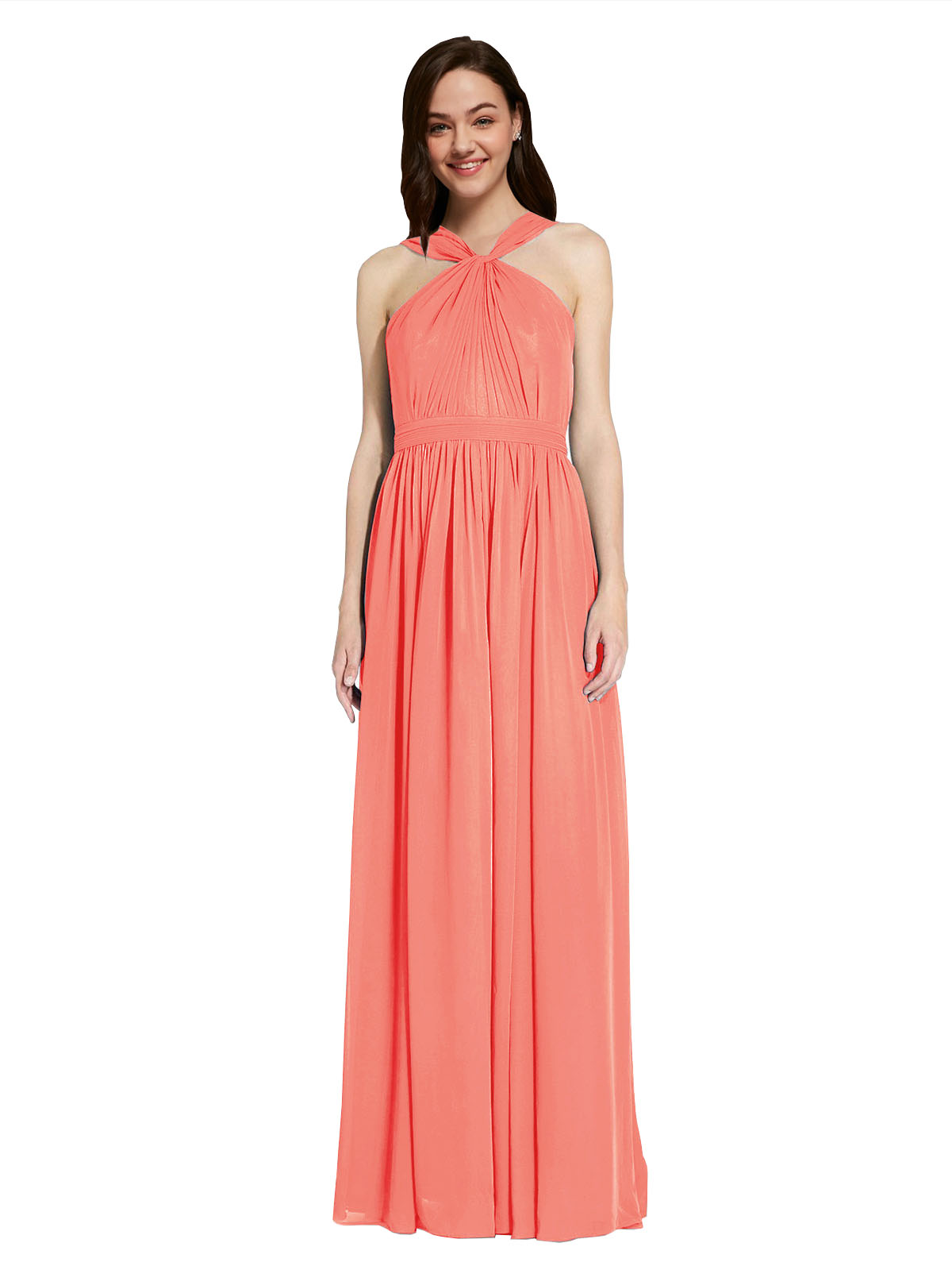 Long A-Line V-Neck Sleeveless Coral Chiffon Bridesmaid Dress Harris