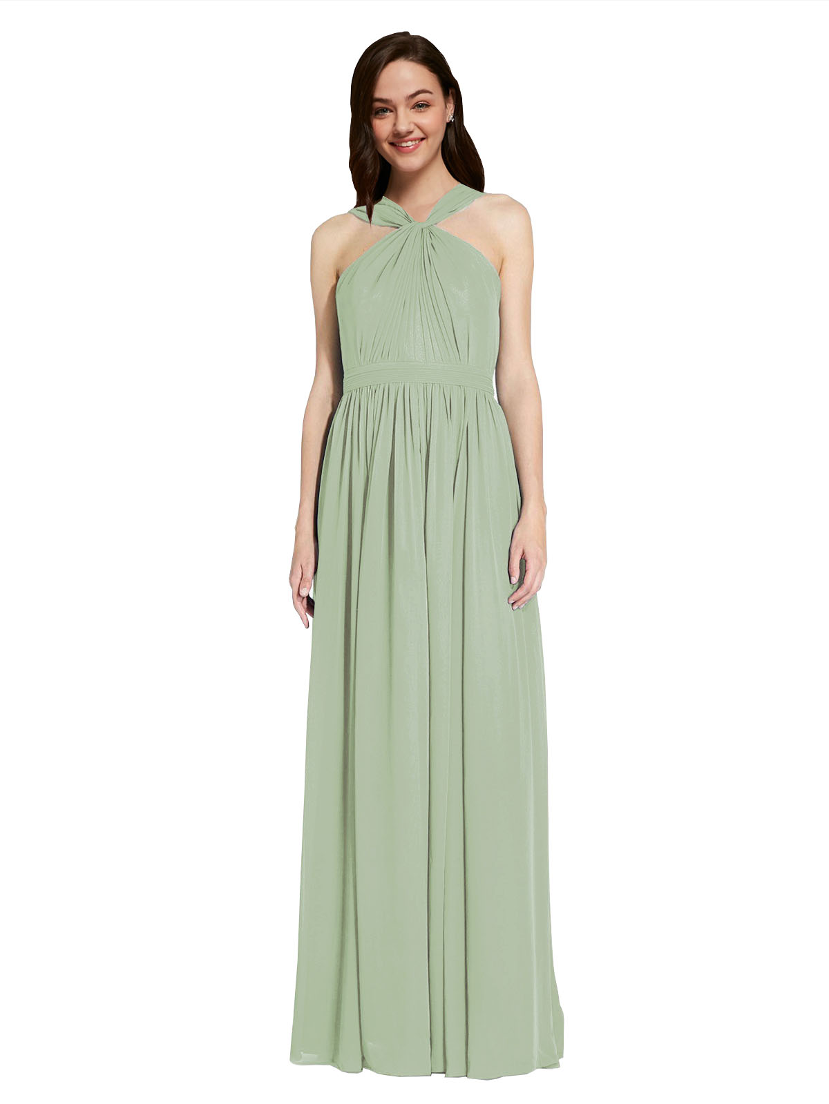 Long A-Line V-Neck Sleeveless Smoke Green Chiffon Bridesmaid Dress Harris