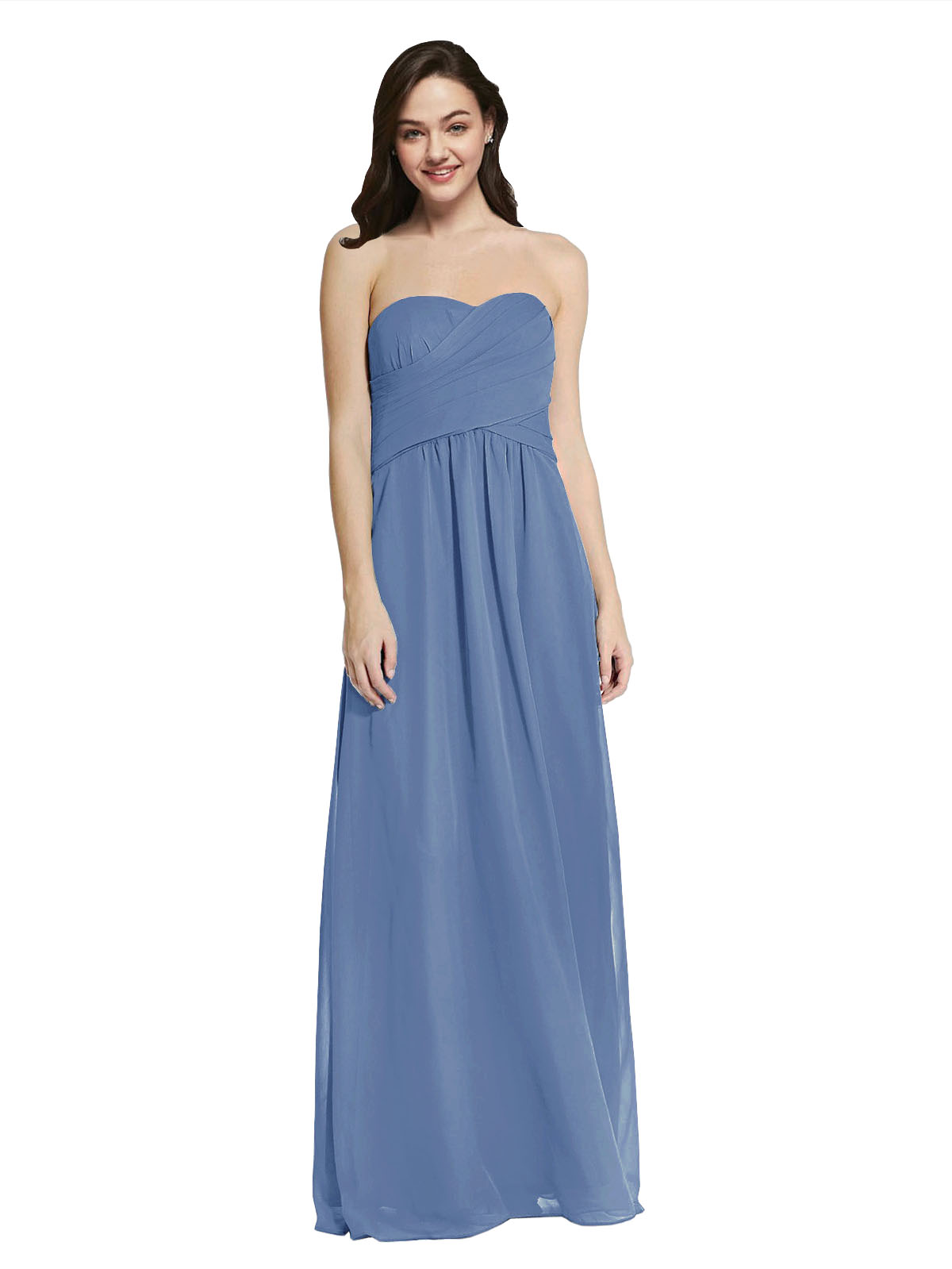 Long A-Line Strapless Sweetheart Sleeveless Windsor Blue Chiffon Bridesmaid Dress Jenner
