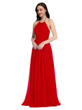 Long A-Line High Neck Halter Sleeveless Dark Red Chiffon Bridesmaid Dress Larson