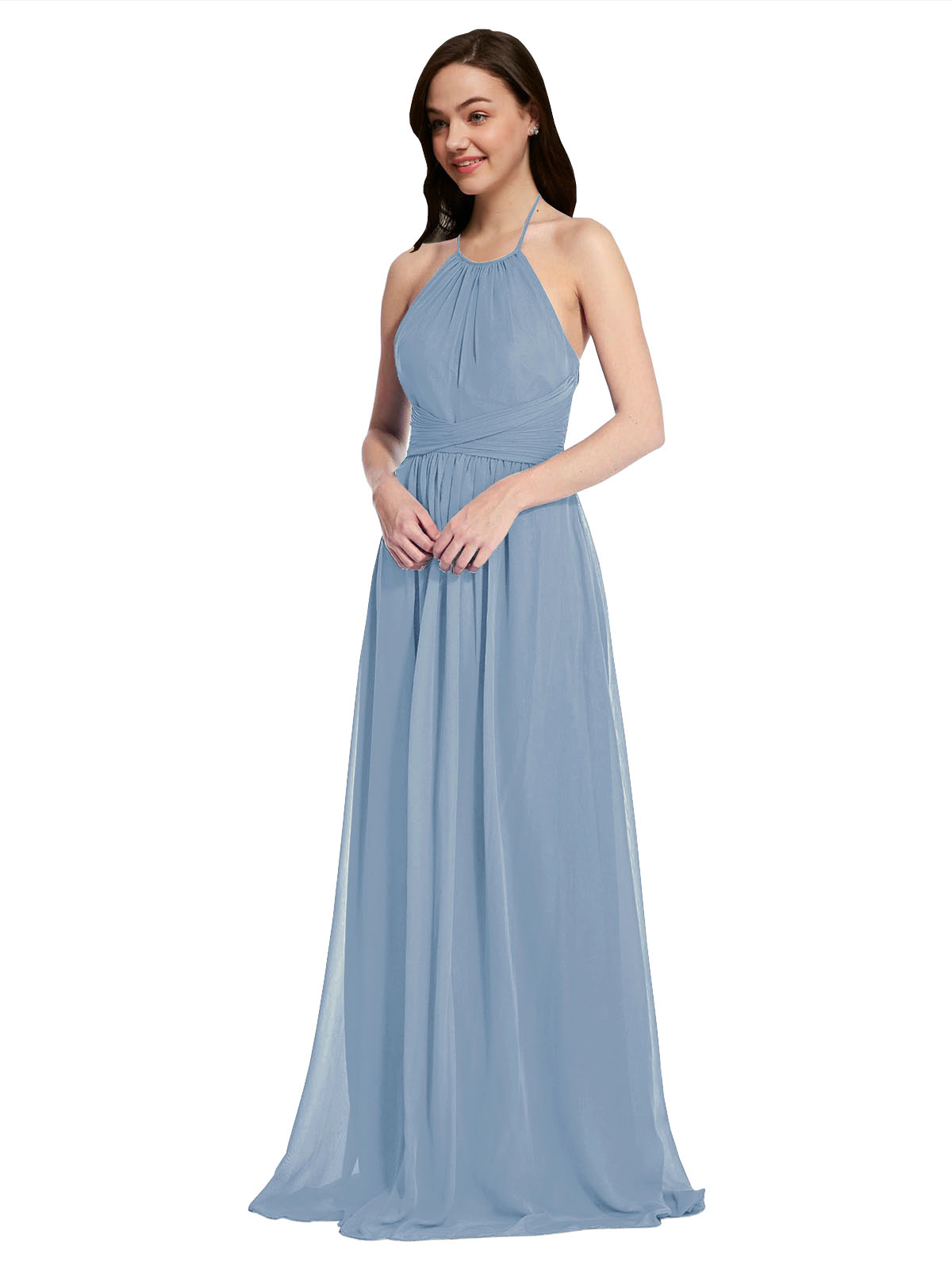 Long A-Line High Neck Halter Sleeveless Dusty Blue Chiffon Bridesmaid Dress Larson