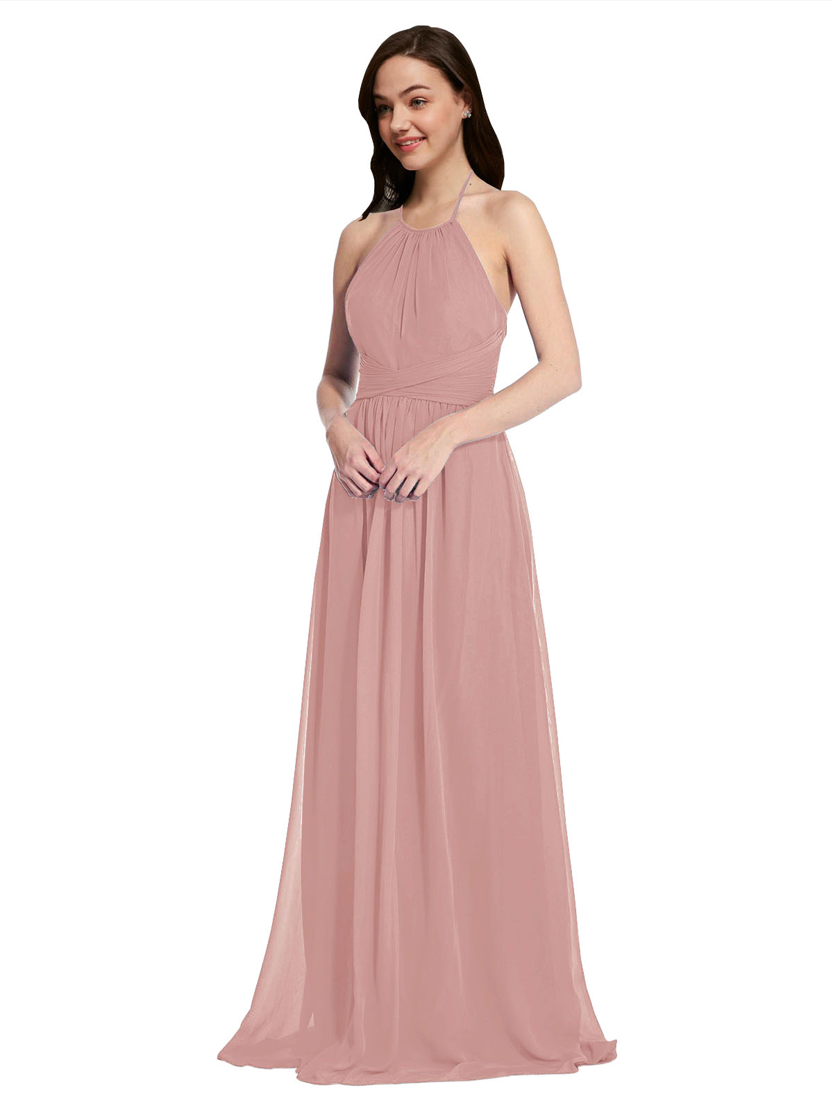 Long A-Line High Neck Halter Sleeveless Dusty Pink Chiffon Bridesmaid Dress Larson