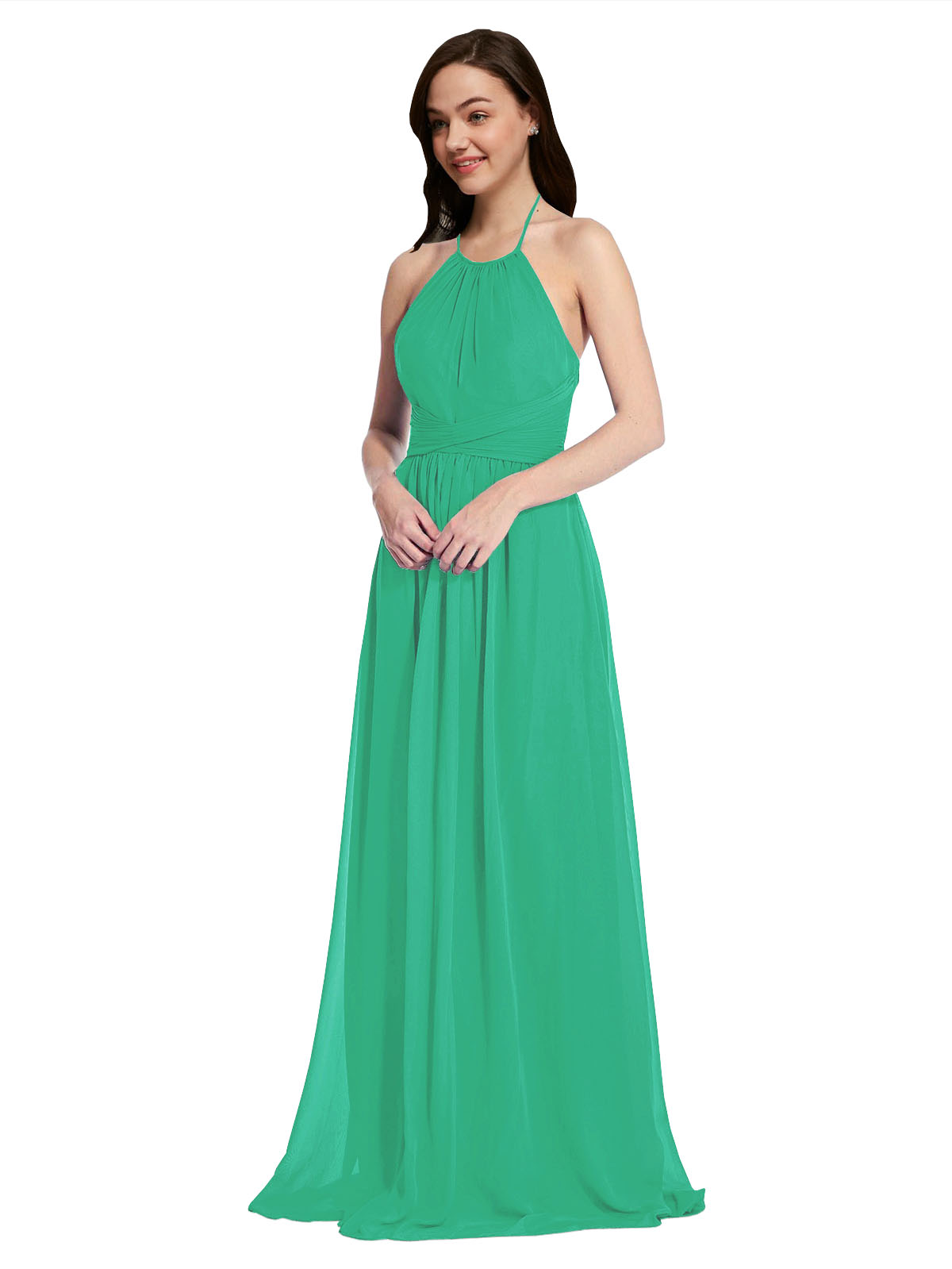Long A-Line High Neck Halter Sleeveless Emerald Green Chiffon Bridesmaid Dress Larson