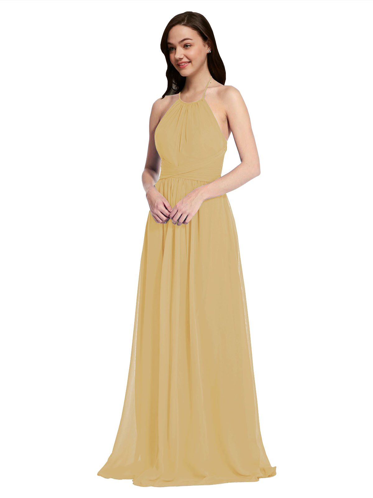 Long A-Line High Neck Halter Sleeveless Gold Chiffon Bridesmaid Dress Larson