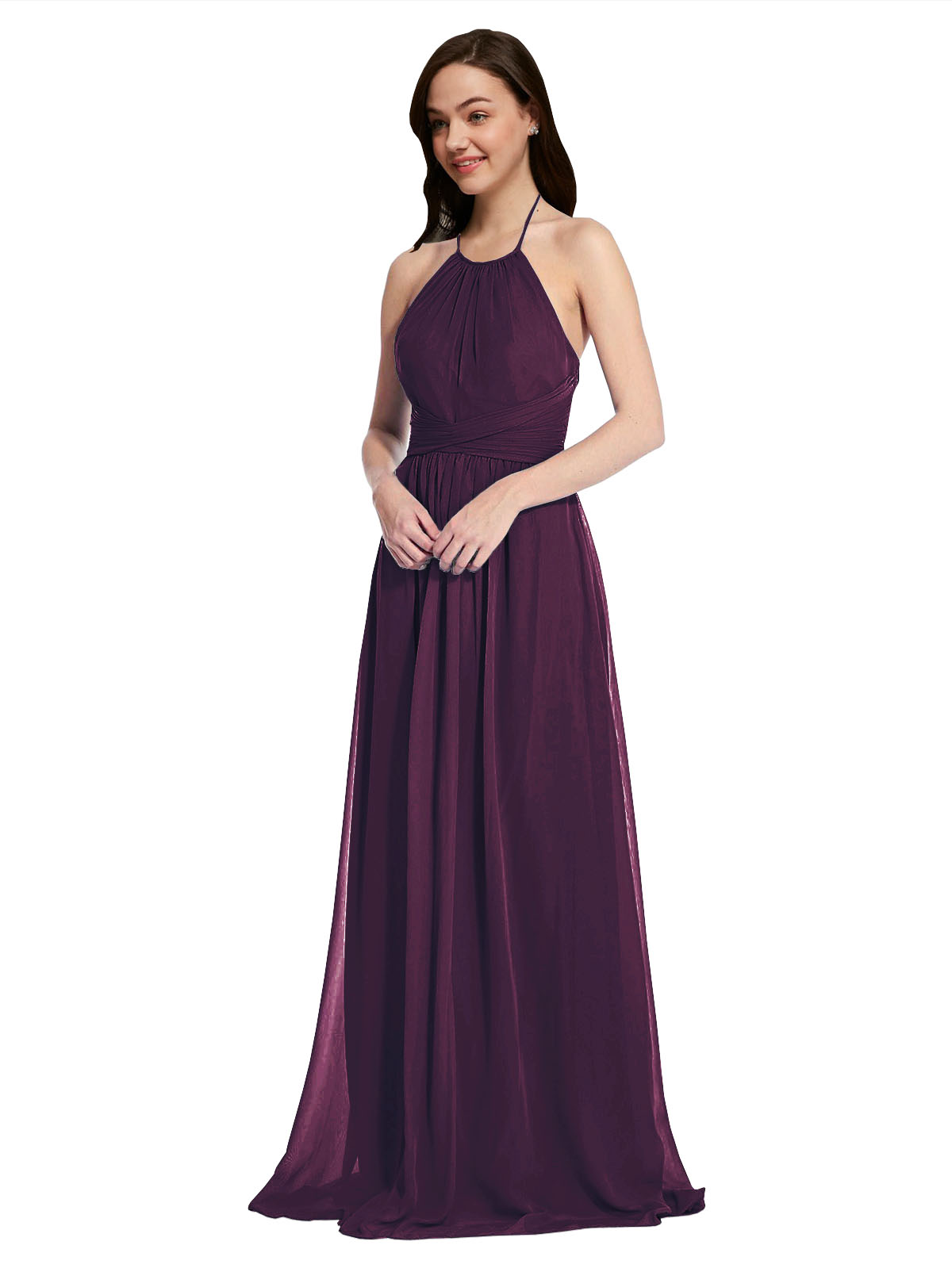 Long A-Line High Neck Halter Sleeveless Grape Chiffon Bridesmaid Dress Larson