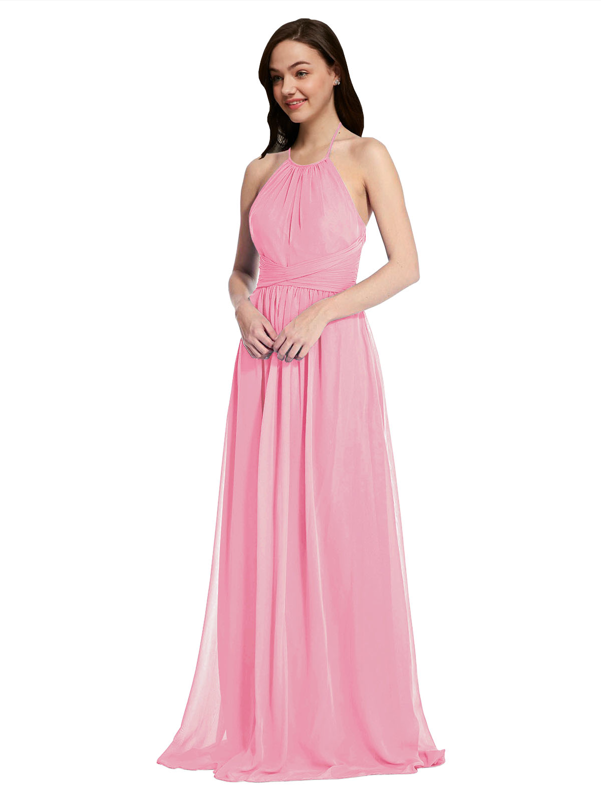 Long A-Line High Neck Halter Sleeveless Hot Pink Chiffon Bridesmaid Dress Larson