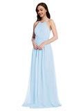 Long A-Line High Neck Halter Sleeveless Light Sky Blue Chiffon Bridesmaid Dress Larson