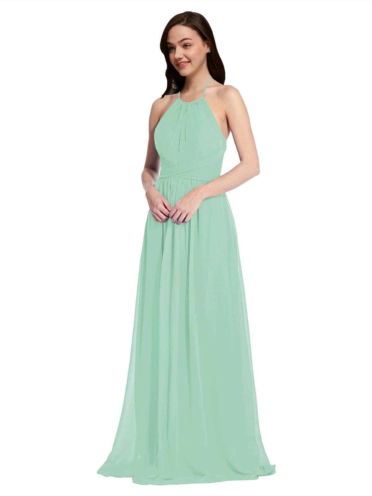 Long A-Line High Neck Halter Sleeveless Mint Green Chiffon Bridesmaid Dress Larson