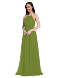 Long A-Line High Neck Halter Sleeveless Olive Green Chiffon Bridesmaid Dress Larson