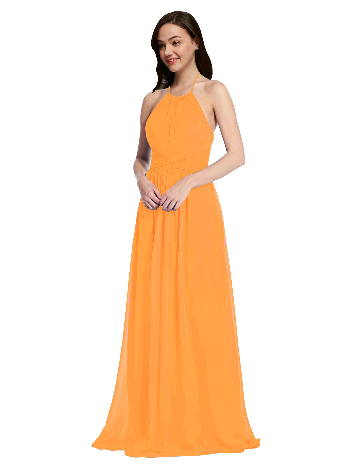 Long A-Line High Neck Halter Sleeveless Orange Chiffon Bridesmaid Dress Larson