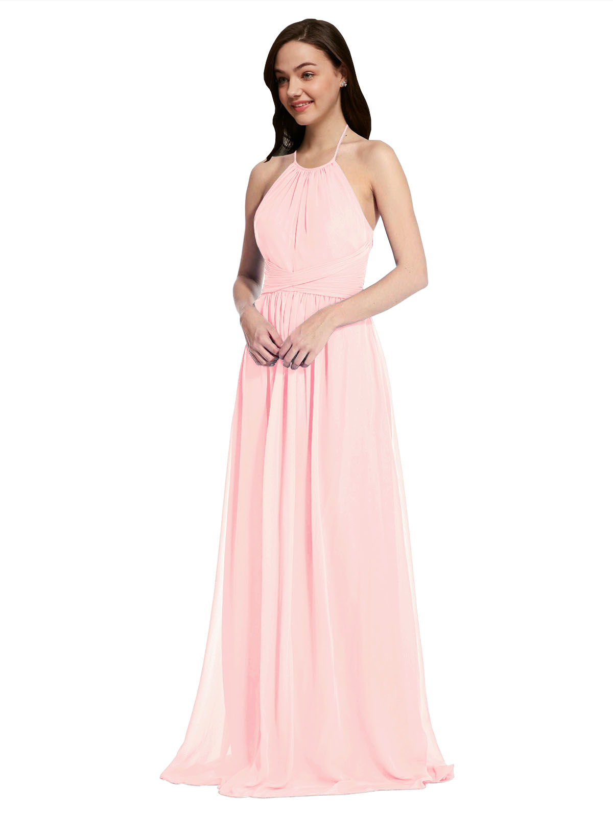 Long A-Line High Neck Halter Sleeveless Pink Chiffon Bridesmaid Dress Larson