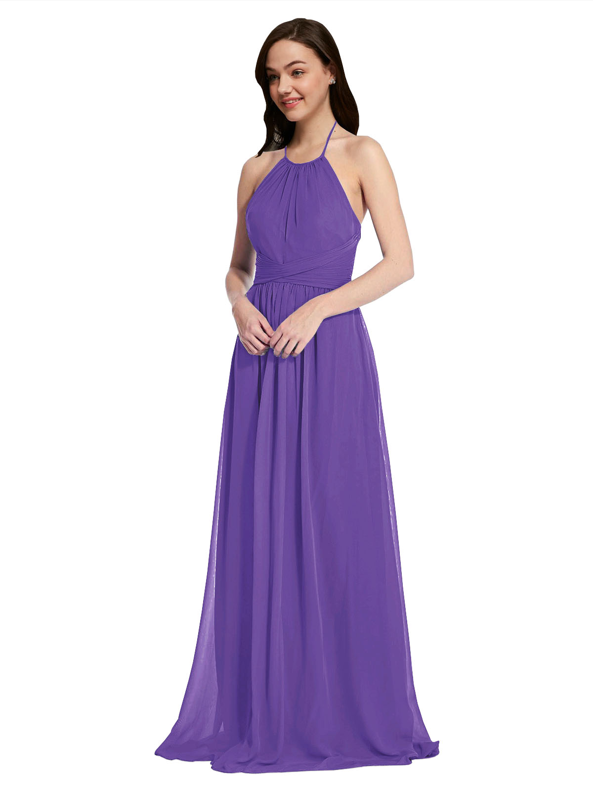 Long A-Line High Neck Halter Sleeveless Purple Chiffon Bridesmaid Dress Larson