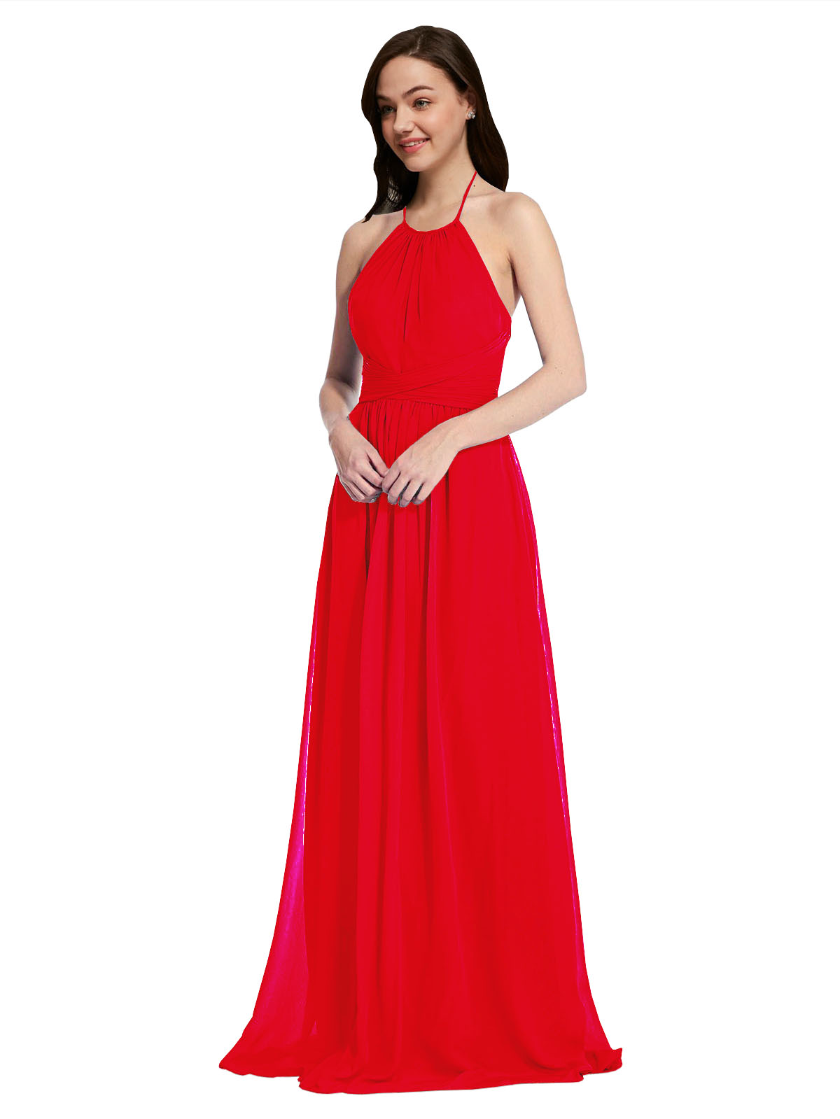 Long A-Line High Neck Halter Sleeveless Red Chiffon Bridesmaid Dress Larson