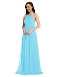 Long A-Line High Neck Halter Sleeveless Sky Blue Chiffon Bridesmaid Dress Larson